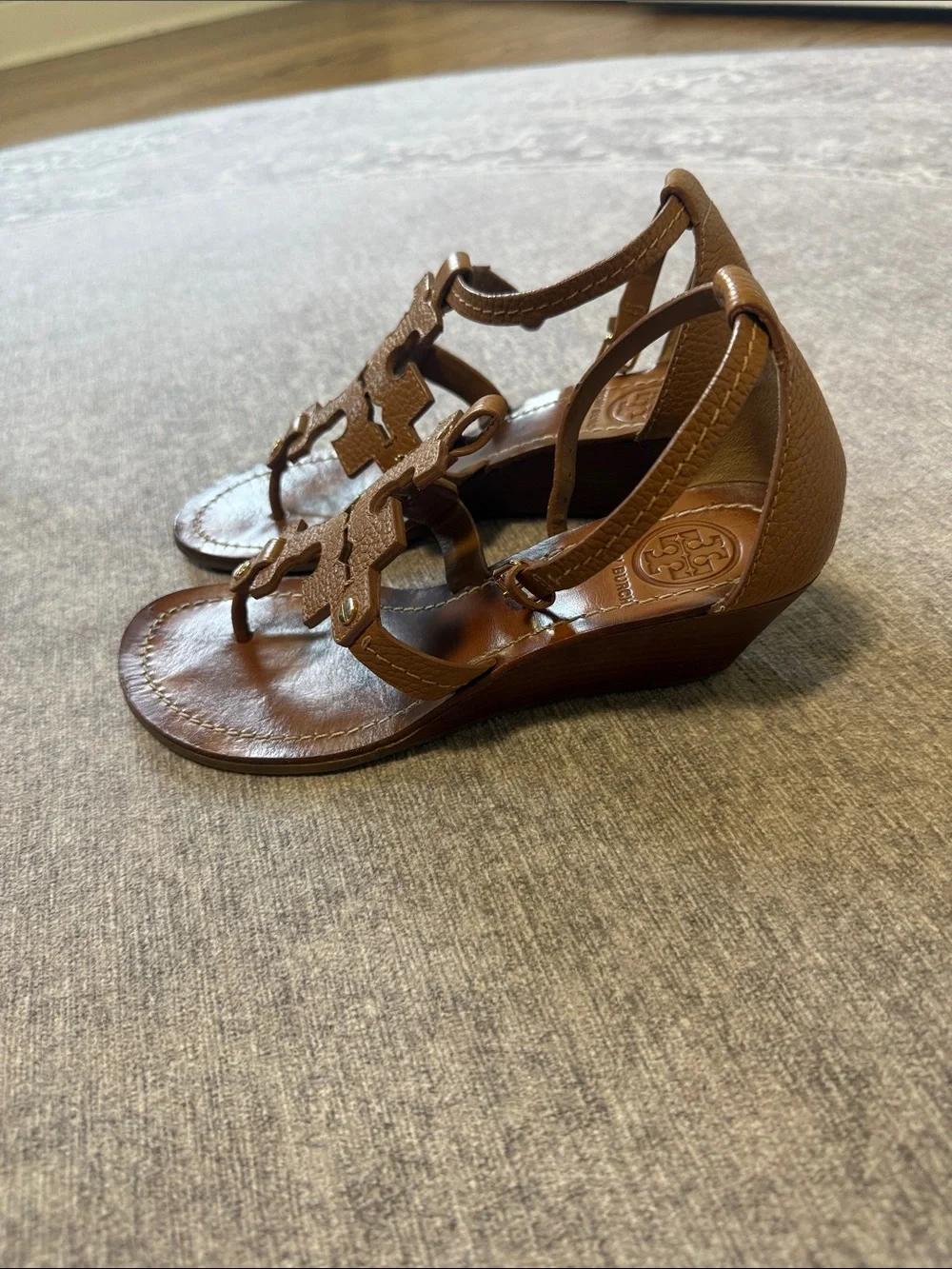 Tory Burch Brown Leather Logo T-Strap Sandals